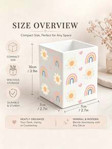 Rainbow Heart Flower Pattern Square White Acrylic Pen Holder, Minimalist Fashionable Makeup Brush And Pencil Storage Container. Essential For Teachers, Suitable For Personalized Teacher Gifts, Bridal Gifts, Valentine's Day, Teacher's Day, Bachelorette Party Gift Box, Also For Work, Travel, Office, Events And Other Occasions, As Well As Back To School Essentials, Teacher's Day Gifts - Multicolor - View 4