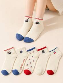 1/5 Pairs Women's Random Cartoon Cat Cherry Bow Solid Color Fashion Low-Cut Short Socks, Soft Comfortable Breathable Cute All-Season Versatile Preppy Style Minimalist Suitable For Daily Wear And Outings - Multicolor - View 2