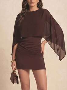 2-In-1 Solid Color Mini Dress With Batwing Sleeves And Splicing, Lightweight, For Date Nights, Vacations, Birthday Parties And Everyday Wear - Cherry Red - View 1