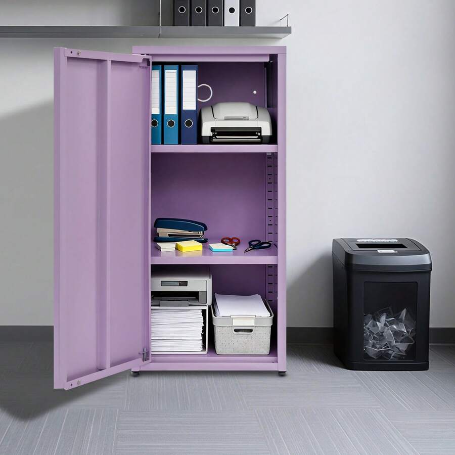 Armario de almacenamiento de 3 niveles, armario de almacenamiento con estantes regulables en altura, armario de almacenamiento metálico con una puerta. - Morado - Ver 1