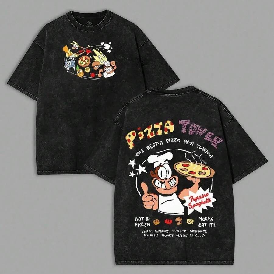 Camiseta de algodón con estampado de anime de la marca conjunta con el juego Pizza Tower, diseño retro casual de doble cara, unisex, corte holgado, moderna y de gran calidad, una elegante op - Negro - Ver 1