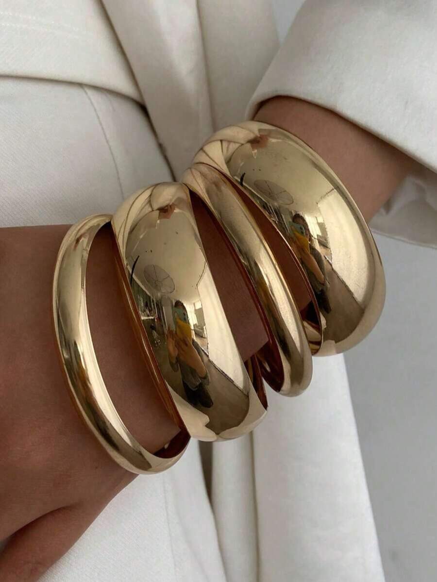4 piezas de pulseras de estilo punk minimalista vintage, adecuadas para mujeres, conjunto de regalo de joyería de belleza eterna, para uso diario. Nota: la superficie de metal puede tener ligeros arañazos. - Dorado - Ver 1
