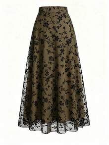 EARO Women's Long Green Printed Skirt, Elastic Waist Design, Casual Non-Stretch Fabric - Army Green - View 1