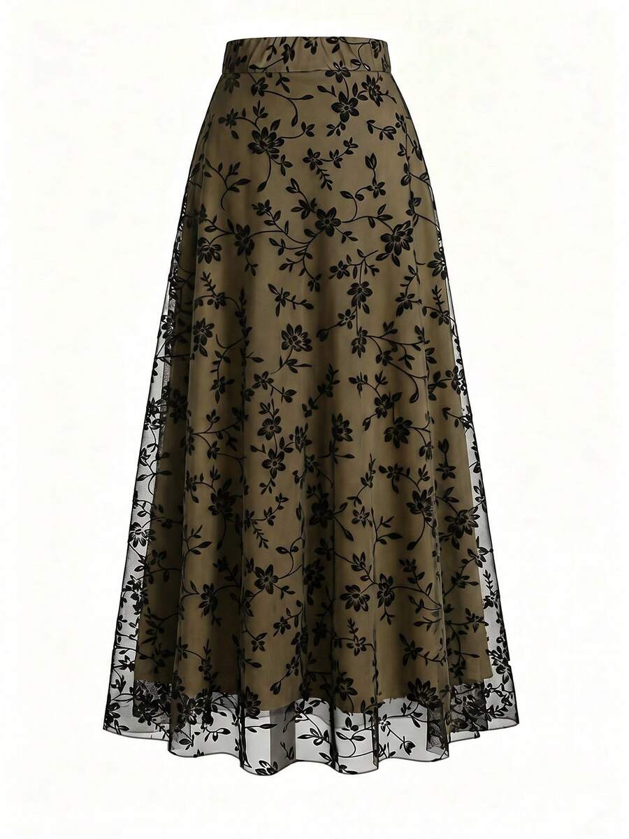 EARO Women's Long Green Printed Skirt, Elastic Waist Design, Casual Non-Stretch Fabric - Army Green - View 1