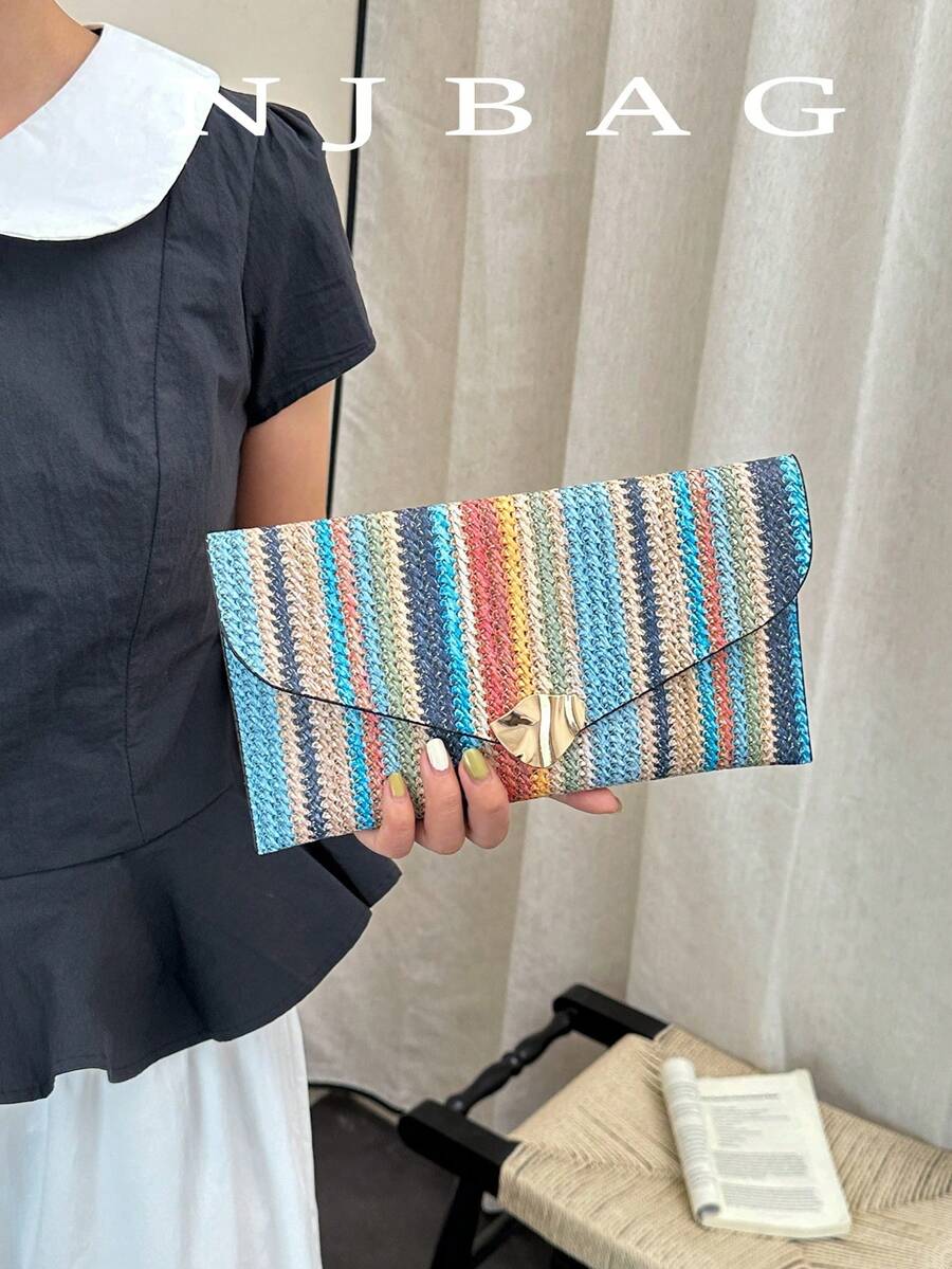 Woven Straw Striped Flap Envelope Clutch Bag, Minimalist Fashion Casual Striped Straw Handbag - Multicolor - View 1
