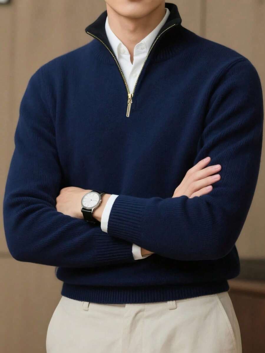 Suéter casual de manga larga con cuello alto y cremallera, de unicolor, versátil, holgado y cómodo para hombres - Camel - Ver 1