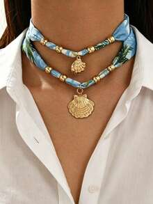 2pcs Summer Beach Vacation Style Tropical Print Fabric Double Layer Necklace, Fashionable Blue Background Palm Leaf Print Shell Pendant Gold Bead Decor Necklace, Women's Neck Jewelry Suitable For Daily Wear, Summer Vacation, Date, Party, Music Festival - Multicolor - View 1