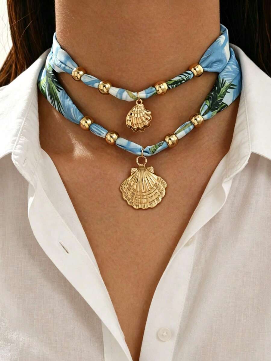 2pcs Summer Beach Vacation Style Tropical Print Fabric Double Layer Necklace, Fashionable Blue Background Palm Leaf Print Shell Pendant Gold Bead Decor Necklace, Women's Neck Jewelry Suitable For Daily Wear, Summer Vacation, Date, Party, Music Festival - Multicolor - View 1