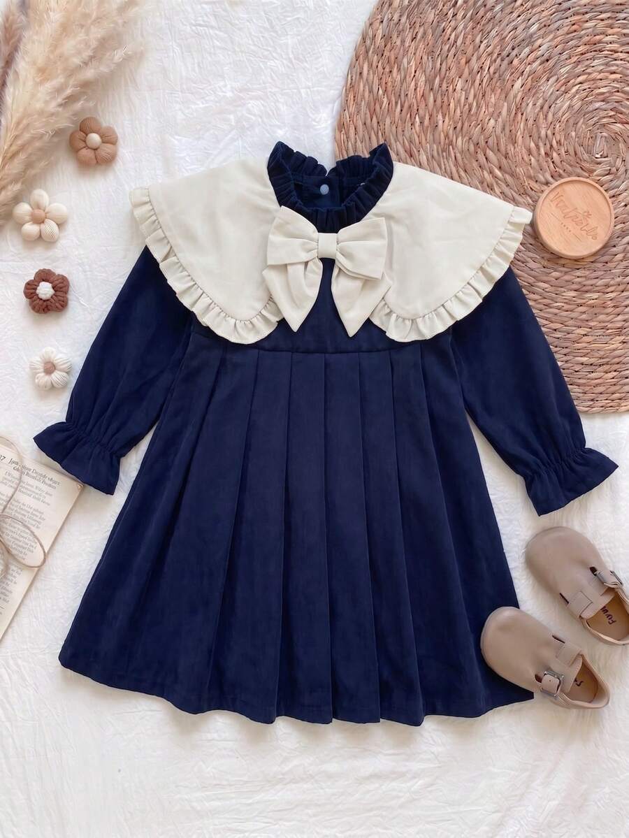 Baby Girl Spring/Autumn Shawl Collar Royal Blue Corduroy Fabric Dress - Royal Blue - View 1
