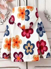 Tween Girl Floral Cartoon Print Warm Hooded Jacket - White - View 3