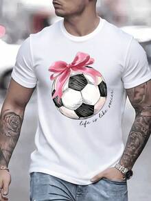 Balón de fútbol adornado con un gran lazo rosa que simboliza la pasión deportiva junto con la elegancia vida camiseta de hombre única - Blanco - Ver 1