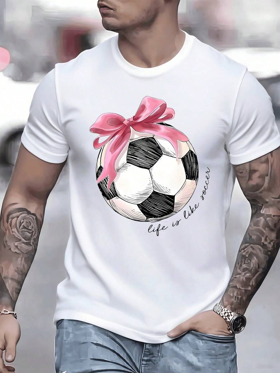 Balón de fútbol adornado con un gran lazo rosa que simboliza la pasión deportiva junto con la elegancia vida camiseta de hombre única - Blanco - Ver 1