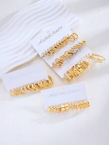 60/48/36/24/12pcs Fashion Minimalist Elegant Exquisite Vintage Design Geometric Ribbon Faux Pearl Square Cross Twisted Multi-Layer Heart Flower Hollow Embossed Textured Glossy Minimalist Plain Thick C-Hoop Earrings Set For Holiday Vacation Party Date Gift Daily Commute Wear - Yellow Gold - View 5