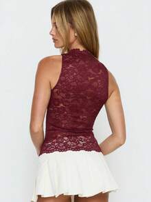 Women's Sexy Burgundy Lace Halter Neck Sleeveless Hollow Out Elegant Party Top - 酒紅色 - 查看 5