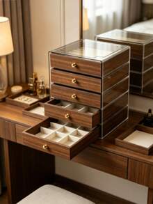 5 Drawer/Extra Large 5-Layer Wood Grain Jewelry Storage Box, Transparent Acrylic Top Cover Jewelry Organizer, Suitable For Earrings, Rings, Necklaces - Coffee Brown - View 8