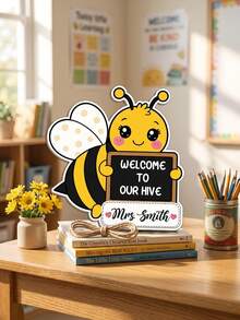 1件個性化自定義文字蜜蜂主題教師門掛飾牌，卡通「Welcome To Our Hive」木製裝飾牌，易掛麻繩設計，返校季，給早期教育者的節日禮物，學校教室托兒所牆面門飾 - 彩色 - 查看 5