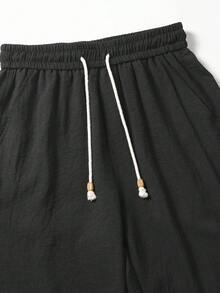 1件杏色男士仿亞麻觸感直筒褲，抽繩鬆緊腰海灘褲，度假風，可機洗，寬鬆版型，休閒慵懶男褲，適合夏季度假海灘出遊，版型偏大，請選擇小一號以獲得更好貼合度 - 黑色 - 查看 6