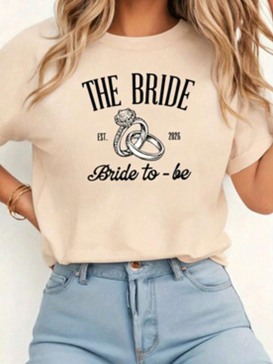 LA NOVIA Est. Women's T-Shirt With Engagement Ring Print "06 Future Bride", For Bachelorette Party, Wedding Preparation, Simple And Elegant, Short Sleeve, Casual For Daily Wear - 杏色 - 查看 1