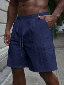 Men's Plain Color Summer Casual Shorts With Pockets - Blue - View 4