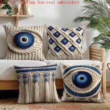 4 Stücke Boho-Kissenbezüge mit blauem bösem Auge und Kunstknoten, Vintage türkisches Nazar-Glücksmuster, einseitiger 2D-Flachdruck, keine 3D-Stickerei, weiche und bequeme Polyester-Kissenbezüge, 45*45cm (18*18 Zoll), Reißverschluss, maschinenwaschbar, geeignet für Wohnzimmer, Schlafzimmer und Heimdekoration (nur Kissenbezüge, kein Kissenfüllmaterial enthalten) - Verschiedenfarbig - Übersicht 1