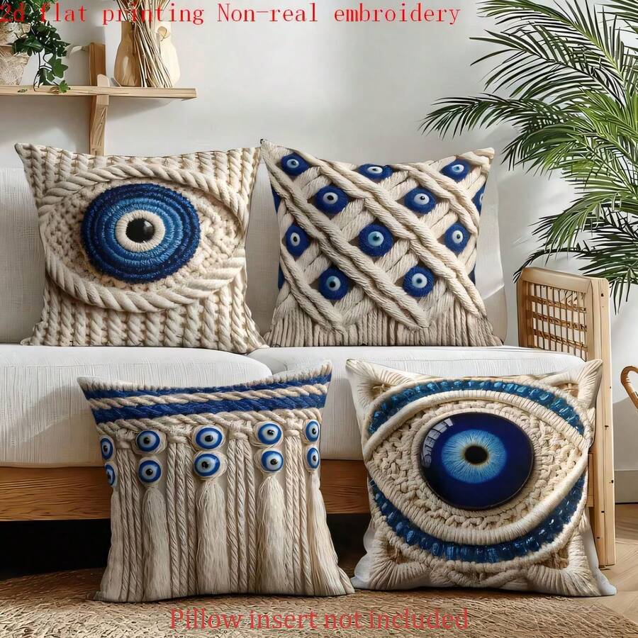 4 Stücke Boho-Kissenbezüge mit blauem bösem Auge und Kunstknoten, Vintage türkisches Nazar-Glücksmuster, einseitiger 2D-Flachdruck, keine 3D-Stickerei, weiche und bequeme Polyester-Kissenbezüge, 45*45cm (18*18 Zoll), Reißverschluss, maschinenwaschbar, geeignet für Wohnzimmer, Schlafzimmer und Heimdekoration (nur Kissenbezüge, kein Kissenfüllmaterial enthalten) - Verschiedenfarbig - Übersicht 1