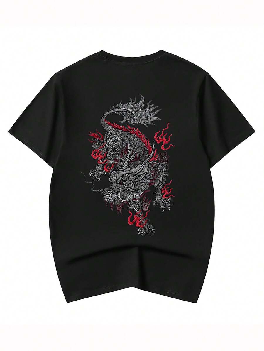 niepce Men's Embroidered Graphic T-Shirt Japanese Streetwear Cotton Blend Tee - Black-fire Kylin - View 1