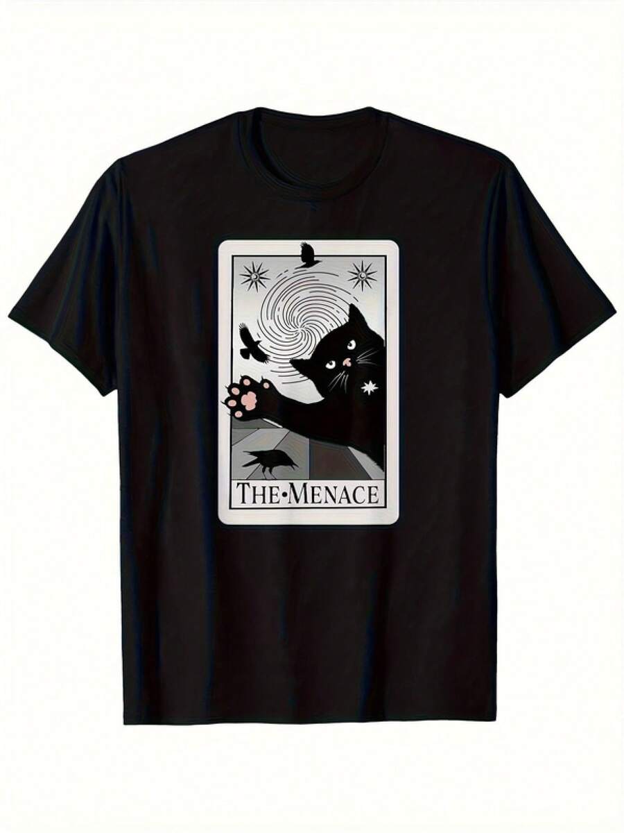 Vintage Menace Cat Tarot Card Graphic T-Shirt Occult Retro Cat Tee - 白色 - 查看 1