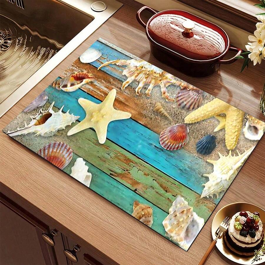1 pieza Tapete de encimera de cocina con tema oceánico, estampado de estrella de mar y concha, de tierra de diatomeas, altamente absorbente, adecuado para vajilla, cafetera, microondas, etc. Diseño de acuarela de moda, opción ideal para cocina moderna.