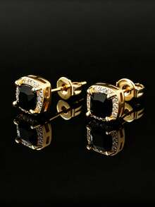 1pc Vintage Square Black Zirconia Men's Stud Earring, Gold Plated Couple Earring, Daily Music Festival Party Hip-Hop Accessory, Anniversary Birthday Gift For Boyfriend - Earrings - View 1