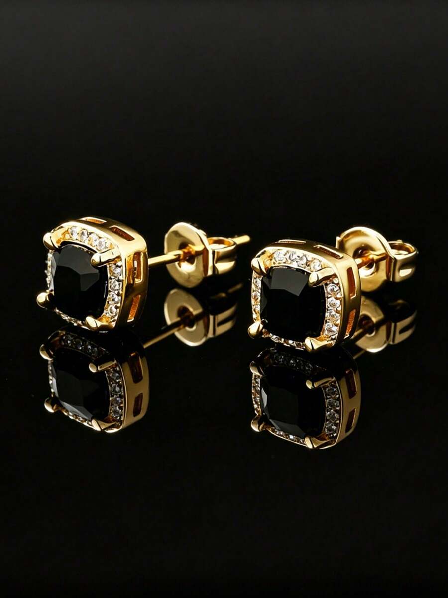 1pc Vintage Square Black Zirconia Men's Stud Earring, Gold Plated Couple Earring, Daily Music Festival Party Hip-Hop Accessory, Anniversary Birthday Gift For Boyfriend - Earrings - View 1