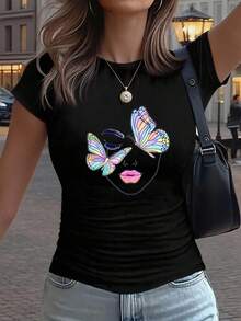 Slim Fit, Butterfly Print Design Surrounding A Woman's Face - 2 Styles - Women's Casual Fashion Sportswear, Solid Color Details With Waist Pleats, Pul - White - View 6