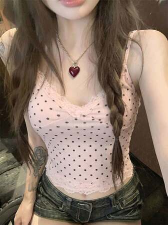 Summer American Retro Sweet Lace Patchwork Polka Dot Print Fitted Camisole, Suitable For Street, Date, Vacation And Outing Pink Casual