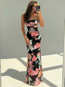 Elegant Women's Dress With Floral Print And Open Back, Summer Clothes, Beach Outfits For Women, Beach Vacation Clothes, Party Outfits, Bridesmaids - 黑色 - 查看 6