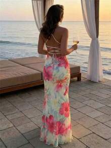 Elegant Women's Dress With Floral Print And Open Back, Summer Clothes, Beach Outfits For Women, Beach Vacation Clothes, Party Outfits, Bridesmaids - 珊瑚粉 - 查看 2