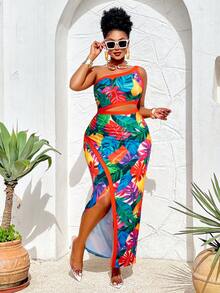 BIUBIU Plus Size Tropical Print Maxi Dress Set For Women Sleeveless Asymmetrical Neck Bodycon , Perfect For Summer Vacation - Color - View 1