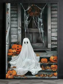 1 pieza Arte de pared en lienzo, decoración de pared enmarcada, fantasma blanco vintage sentado en un porche de madera con linterna de calabaza, hojas de arce y telaraña, póster popular de atmósfera de terror pastoral de otoño de Halloween, pintura decorativa colgante vintage sin marco, adecuada para decoración del hogar moderno, decoración de habitación, decoración de dormitorio, decoración de sala de estar, decoración de baño, decoración de cocina - Fantasma de calabaza - Ver 7