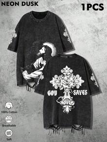 1件男士復古做舊磨損感T恤，毛邊下擺，水洗灰色God Saves字母印花，柔軟休閒落肩寬鬆上衣，適合日常街頭穿搭 - 黑色 - 查看 1