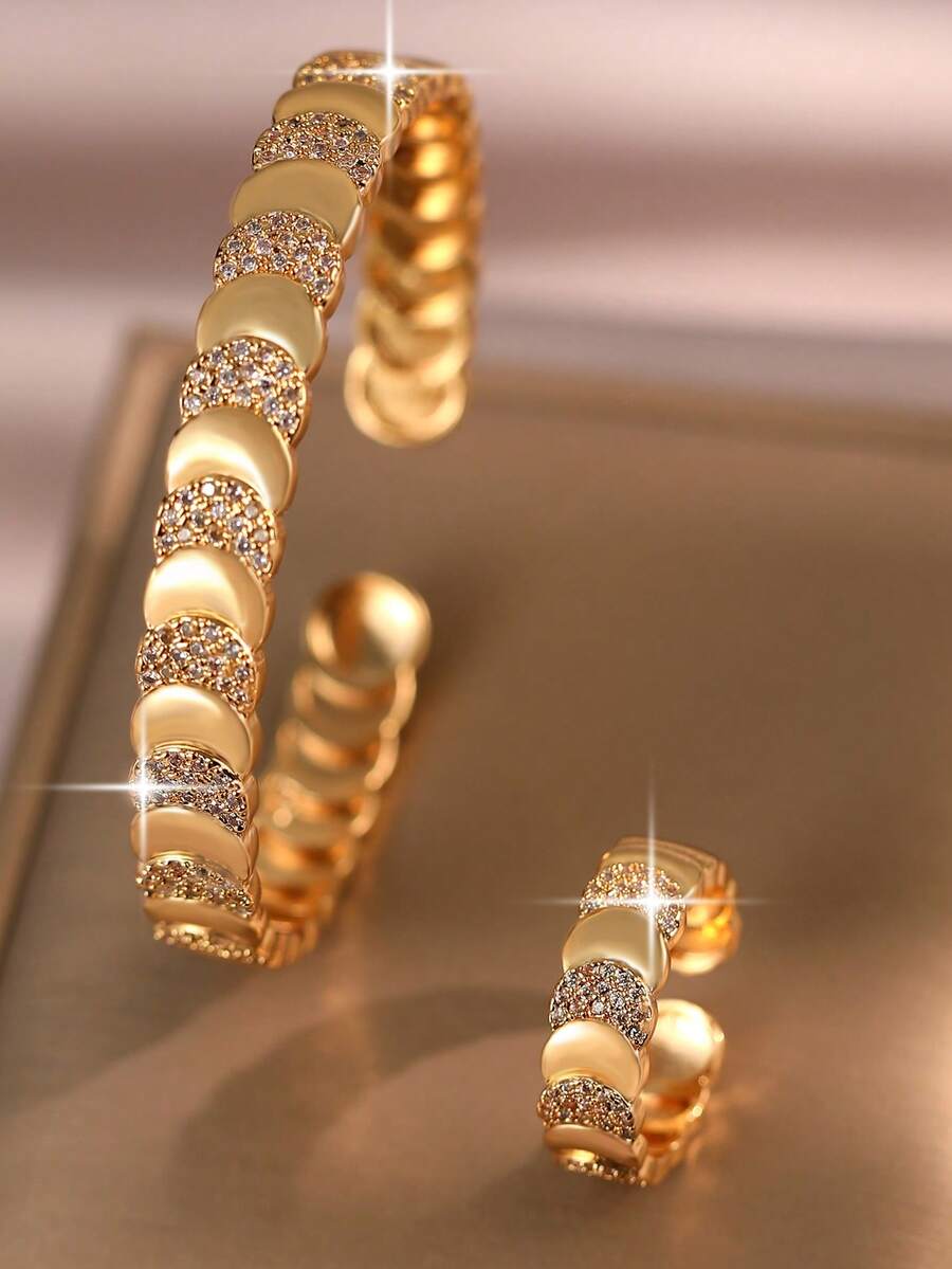 2pcs/Set Exquisite Moons Cubic Zirconia Bangles&Rings Jewelry Sets,Fashion Charm Bracelets For Engagement Wedding Banquets,Daily Wear,Music Festivals - Yellow Gold - View 1