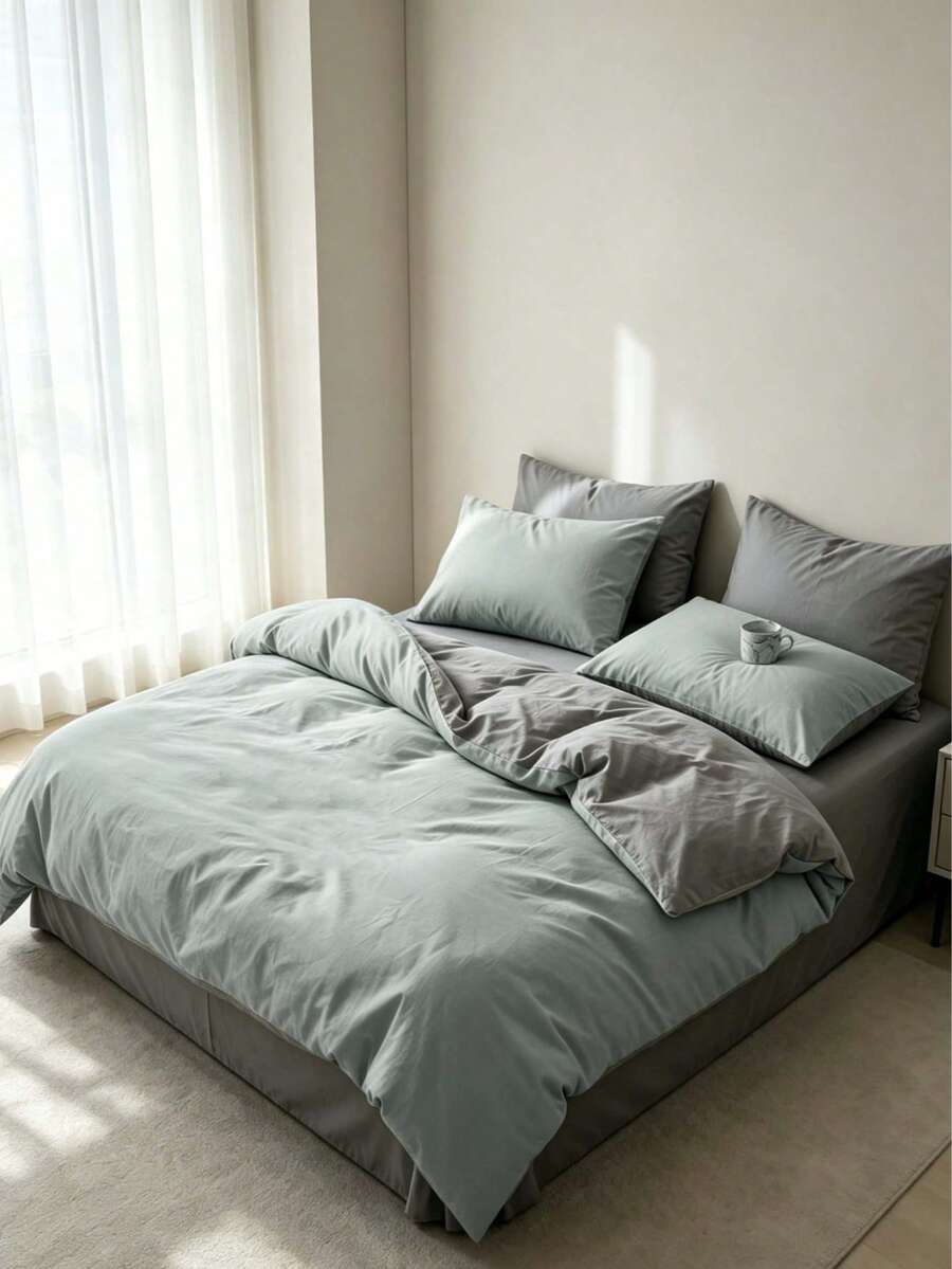 Blue & White Colorblock Washed Skin-Friendly Duvet Cover 3 Pieces Set - Mint Green - View 1