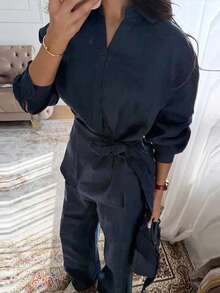 Women's Casual Commute Lapel Long Sleeve Tie Waist Top & Loose Wide Leg Pants 2 Pieces Set, Solid Color Pocket Button Tie Daily Date - Royal Blue - View 5