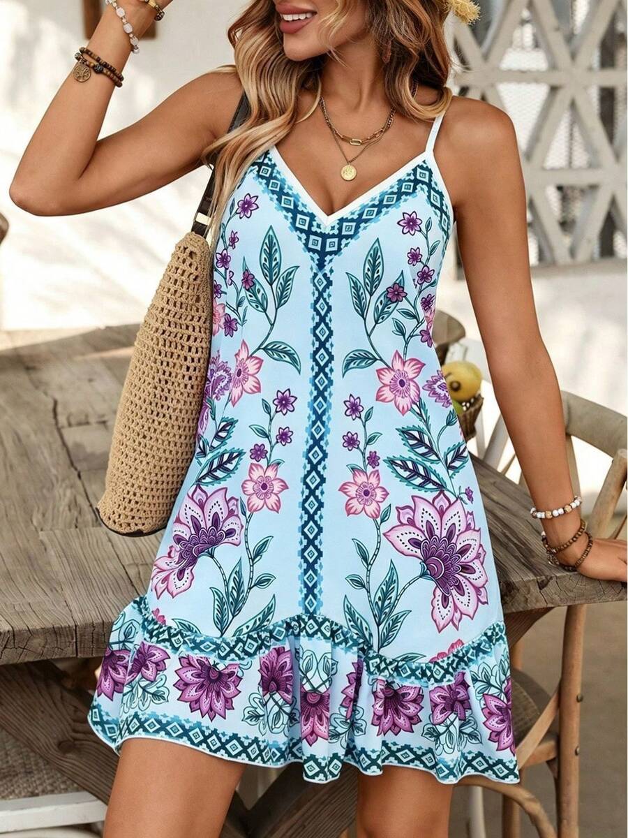 Women's Sleeveless Floral Print Holiday Dress (New Spring/Summer Collection) - Blue - View 1