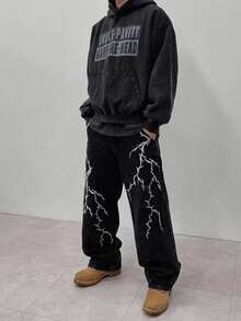 DAZY 1pc Unisex Streetwear Brand Infinite Jeans, Casual Loose Wide Leg Denim Pants (Belt And Accessories Not Included) - Black - View 4