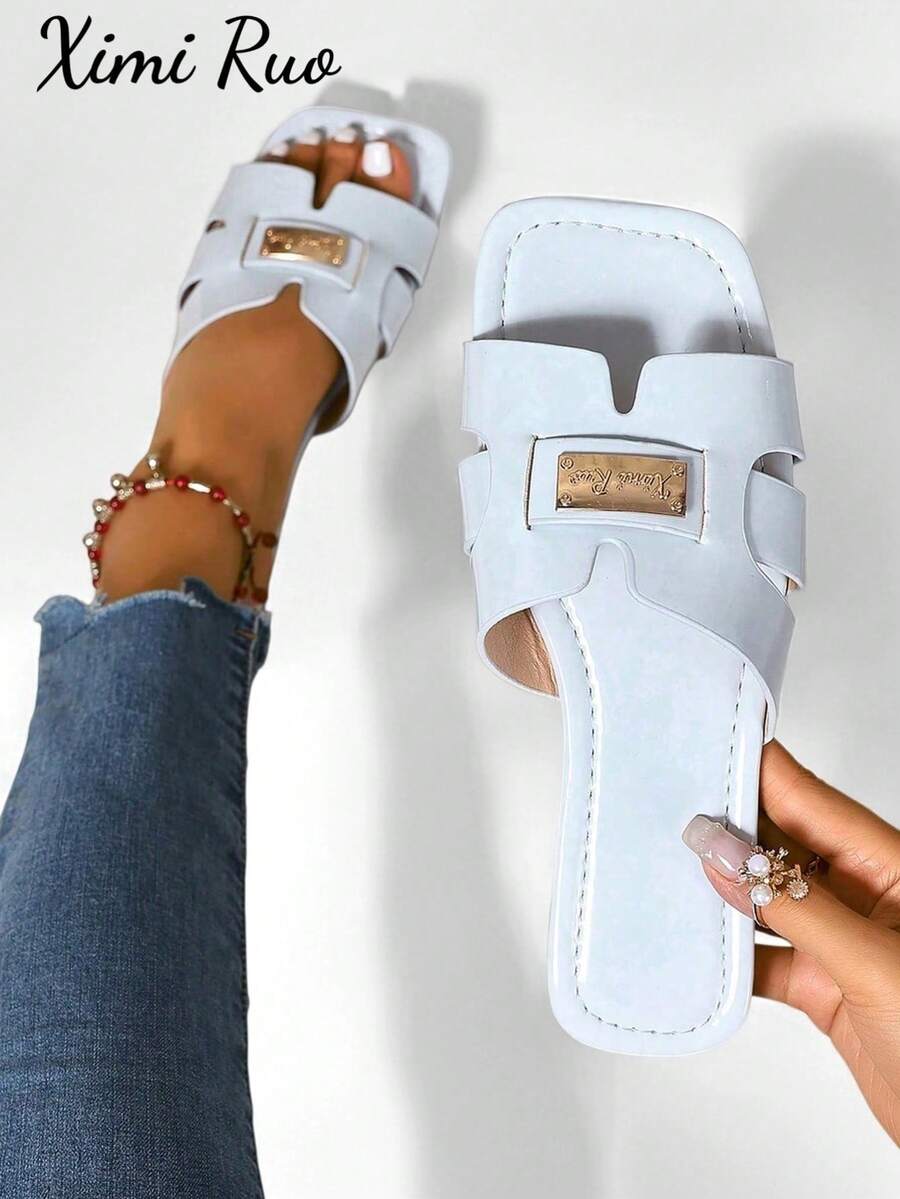 Ximi Ruo New Spring/Summer Fashion Casual Strap Slide Sandals, Comfortable Flat Heel Round Toe Slip-On Beach Slippers, Versatile Decorative Flat Sandals For Summer - Baby Blue - View 1