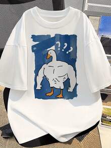 Camiseta de manga corta con un estampado de estilo caricaturesco de un ganso musculoso, una prenda casual adecuada tanto para hombres como para mujeres, ideal para ir al trabajo. - Blanco - Ver 1