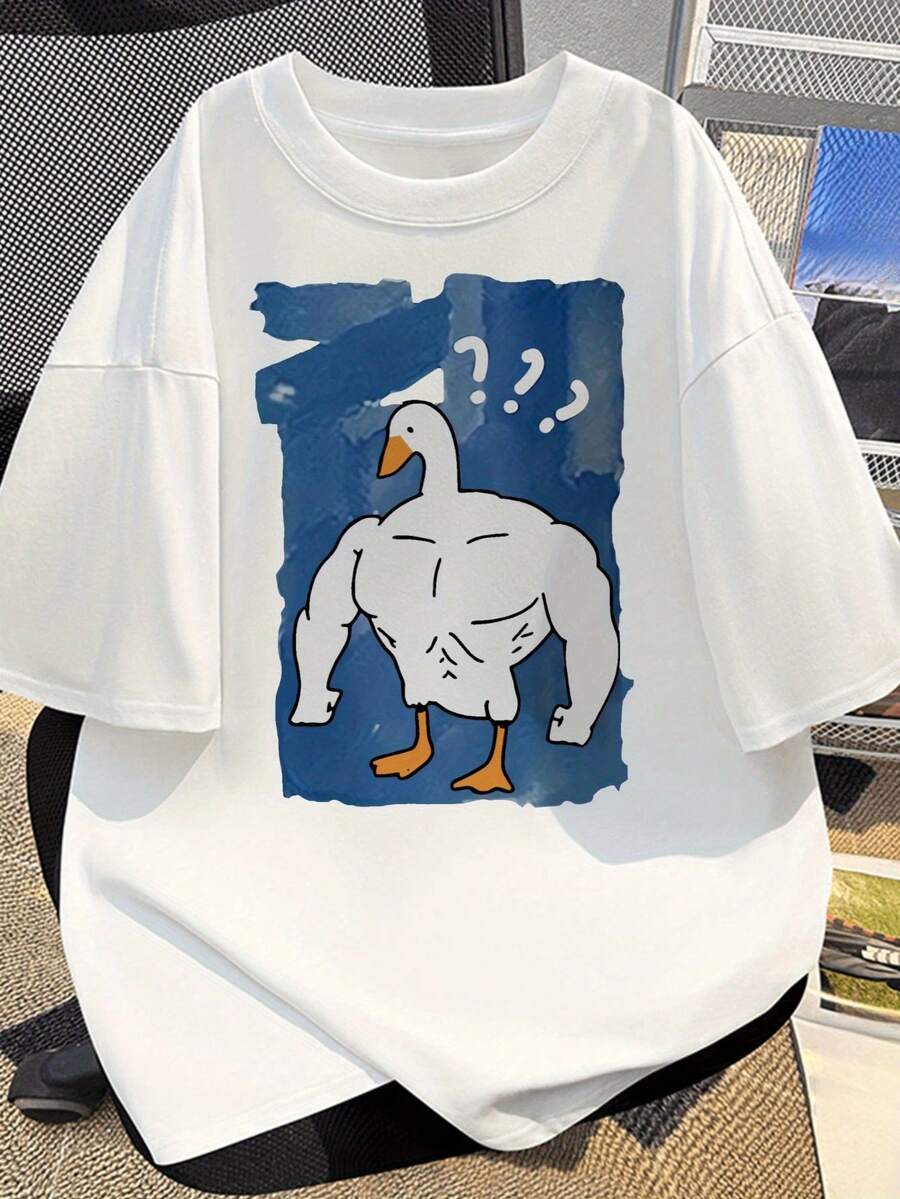 Camiseta de manga corta con un estampado de estilo caricaturesco de un ganso musculoso, una prenda casual adecuada tanto para hombres como para mujeres, ideal para ir al trabajo. - Blanco - Ver 1