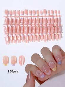 150pcs (5 Styles Mixed) Y2K Short Oval Dusty Pink Cat Eye, Macaron Rainbow French Press-On Nails, Acrylic Material Set, Includes 1pc Jelly Glue And 1pc Nail File, Suitable For DIY Use - Multicolor - View 11