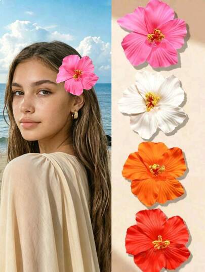 4pcs Summer Artificial Hibiscus Flower Hair Clips, Side Clips For Girls, Pink White Orange Red 4 Colors Optional, Fresh And Gentle Atmosphere Hair Accessories, Versatile Floral Hair Clips For Beach Photography, Travel, Lightweight And Non-Pressing, Textured Artificial Petals For Energetic Look, Pair With Long Skirts For Dopamine Girl Style, Sweet Girl Daily, Campus Outings, Beach Travel Essential Floral Side Clips, Multi-Color Optional To Easily Create Fresh Tropical Atmosphere Look