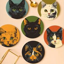 6pcs Wooden Black Cat Coaster Set, Heat-Insulating, Anti-Slip And Heat-Resistant Table Mats, Suitable For Home, Office And Theme Party Gifts, Restaurant, Hotel, Kitchen, 10cm - Multicolor - View 3