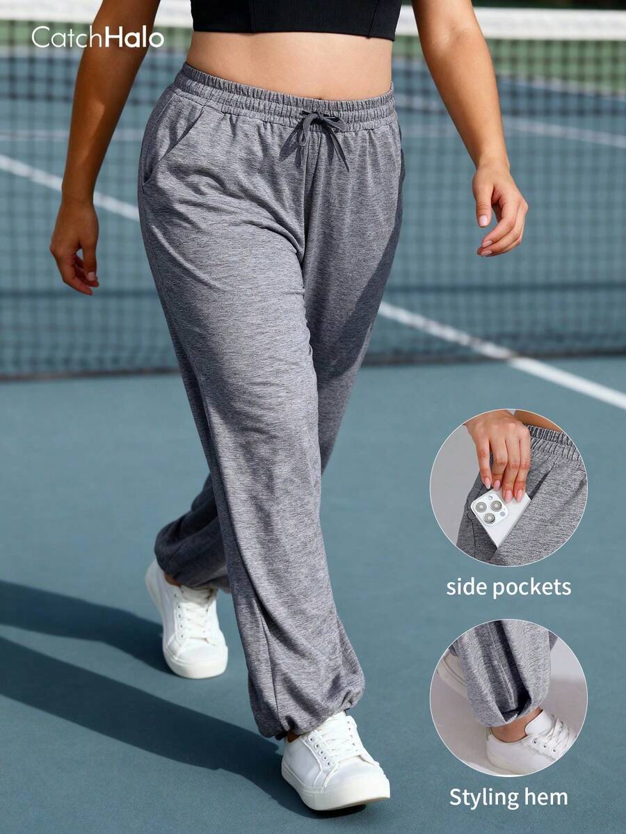 Plus Size Women Loose Casual Pants, Elastic Waistband, Drawstring, Pockets, Soft, Wide Leg, Suitable For Fitness & Yoga Sports Fall