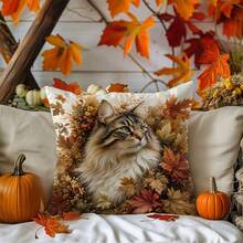 1pc Autumn Maple Leaf Long Hair Cat Print Pattern Polyester Pillow Case [Pillow Insert Not Included], 17.7*17.7in(45*45cm)/19.69*19.69in(50*50cm)/15.75*15.75in(40*40cm), [Single-Sided Printing] Cat Lover Gift Cushion Cover Room Decor, Home Decor, Bedroom Decor, Room Decoration Stuff For Sofa, Bed, Living Room, Bedroom, Car, Office, Hotel Decoration Throw Pillow Covers All Season Use Perfect Gift For Family And Friends - Multicolor - View 10